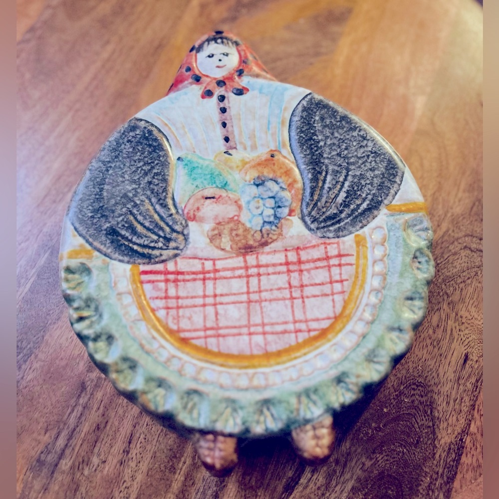 Vintage The Cellar Italy Round Woman Holding Basket Wall Decor Ceramic Trivet